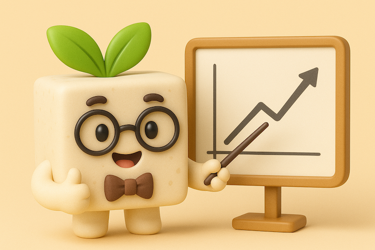 Toffu mascot with glasses pointing at growth chart showing upward trend