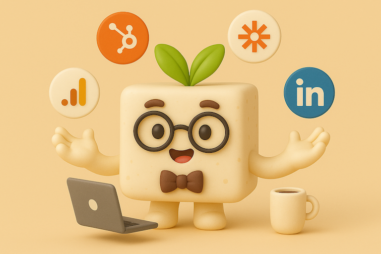Toffu mascot with glasses juggling various platform icons representing multi-platform management and integrations