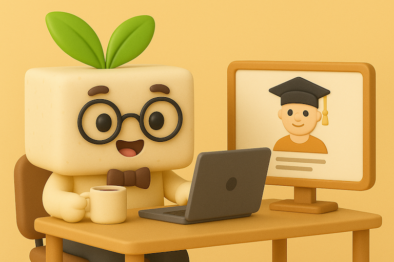 Toffu mascot with glasses at desk with laptop and student profile, representing lead research and management