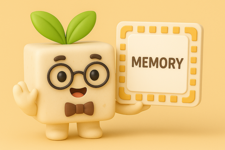 Toffu mascot with glasses holding a MEMORY chip, representing AI learning and remembering