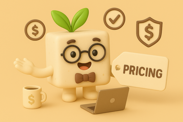 Toffu mascot with glasses holding PRICING sign with dollar symbols around, representing cost-effective solutions