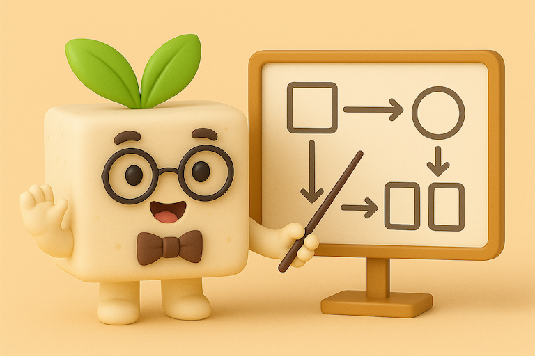 Toffu mascot with glasses at desk with laptop and student profile, representing lead research and management